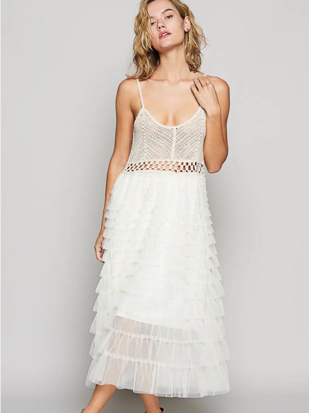 POL White Ecru Tulle Ruffled Midi Dress with Crochet Waist Top - Picture 4 of 15